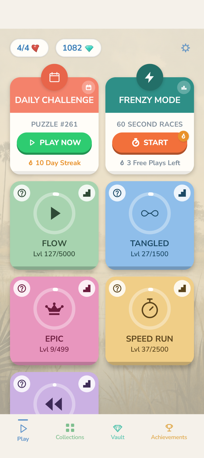 Simply Arrows Play tab, showing the Daily Challenge and Frenzy banners above the Zen, Tangled, Epic and Speed Run mode cards
