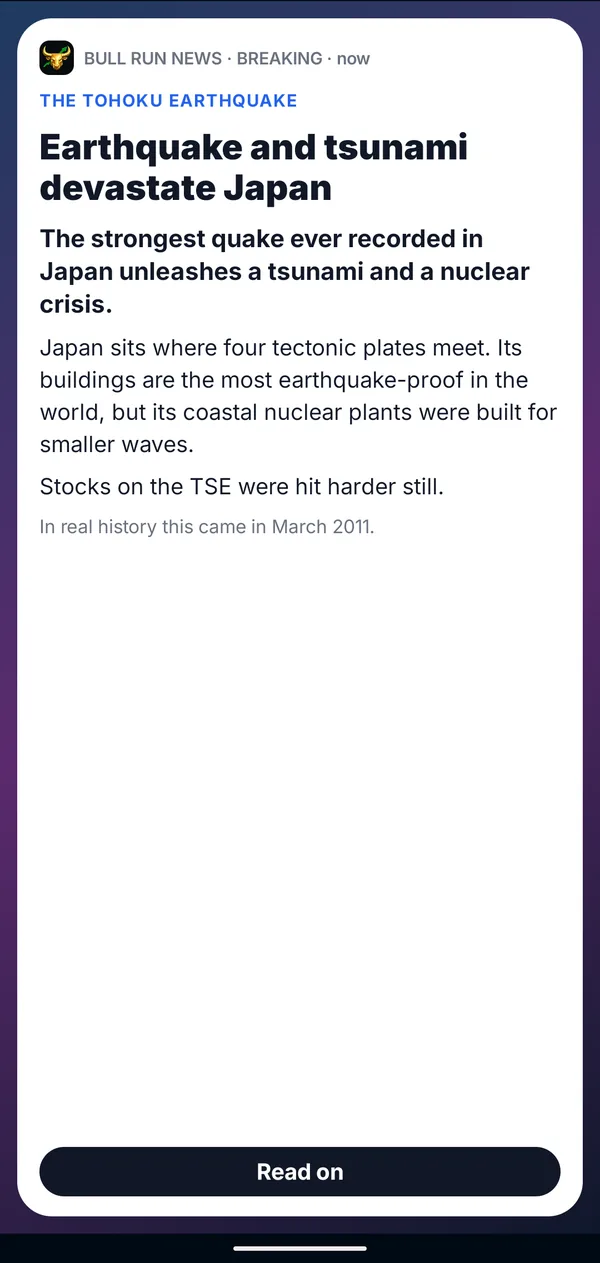 A breaking news alert: the Tohoku earthquake, noting it came in March 2011 in real history