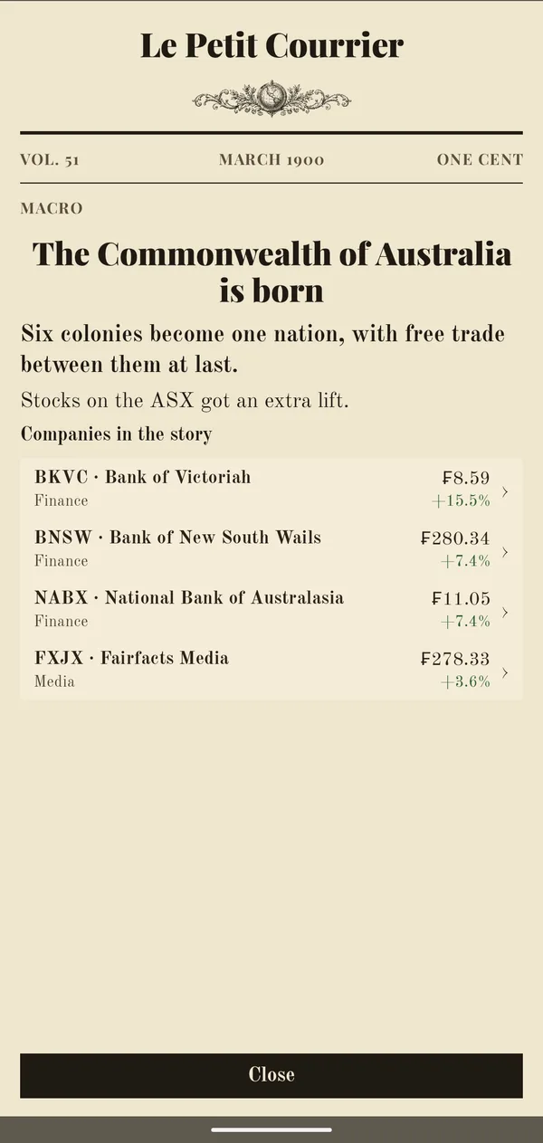 Le Petit Courrier, March 1900: the Commonwealth of Australia is born, and Australian bank shares jump