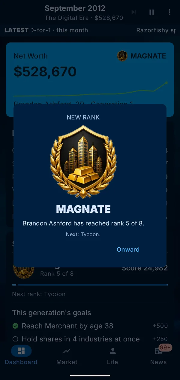 A new rank: Magnate, rank 5 of 8, with its gold-laurelled badge