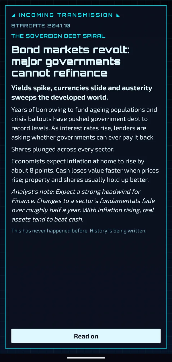 An incoming transmission from 2041: bond markets revolt. This has never happened before. History is being written.