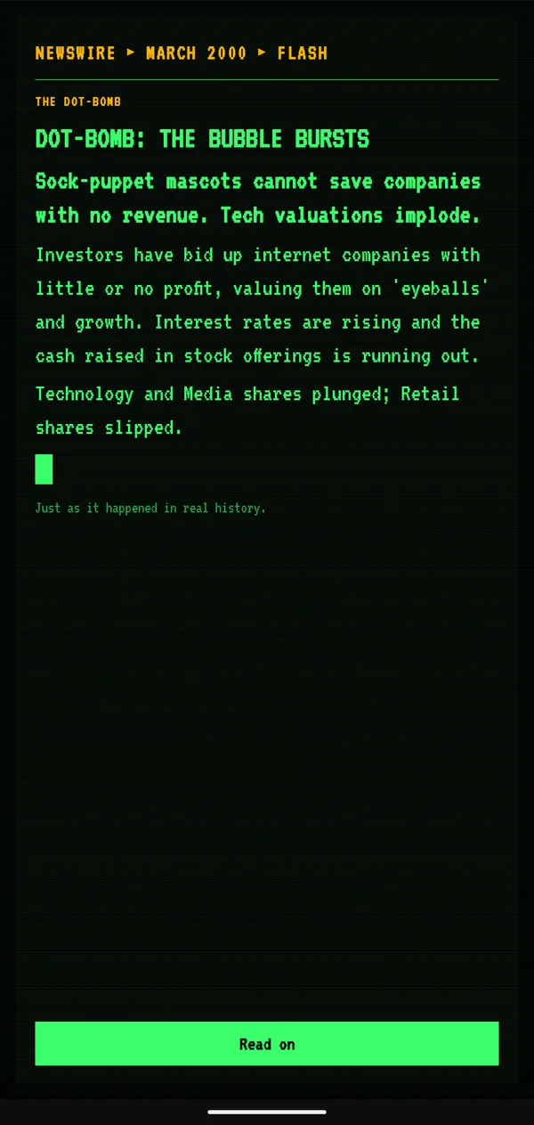 A green-screen newswire flash from March 2000: the dot-com bubble bursts