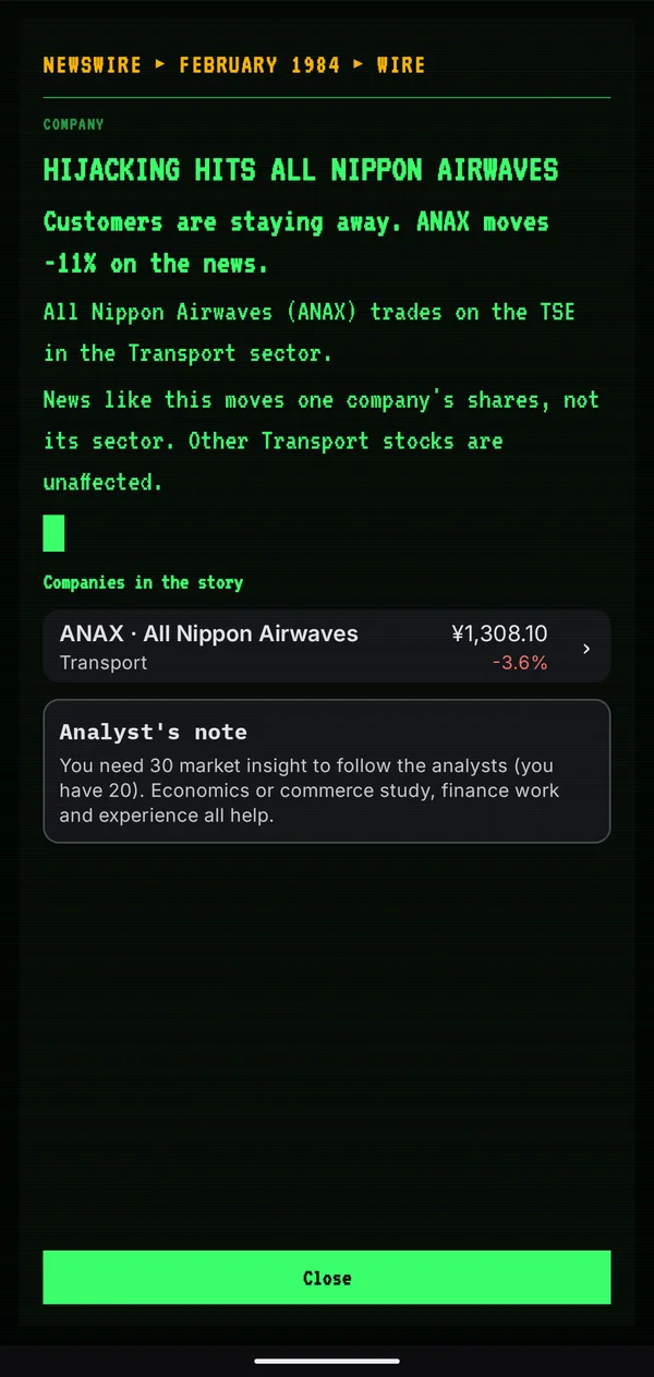 A green-screen newswire story from Tokyo, 1984