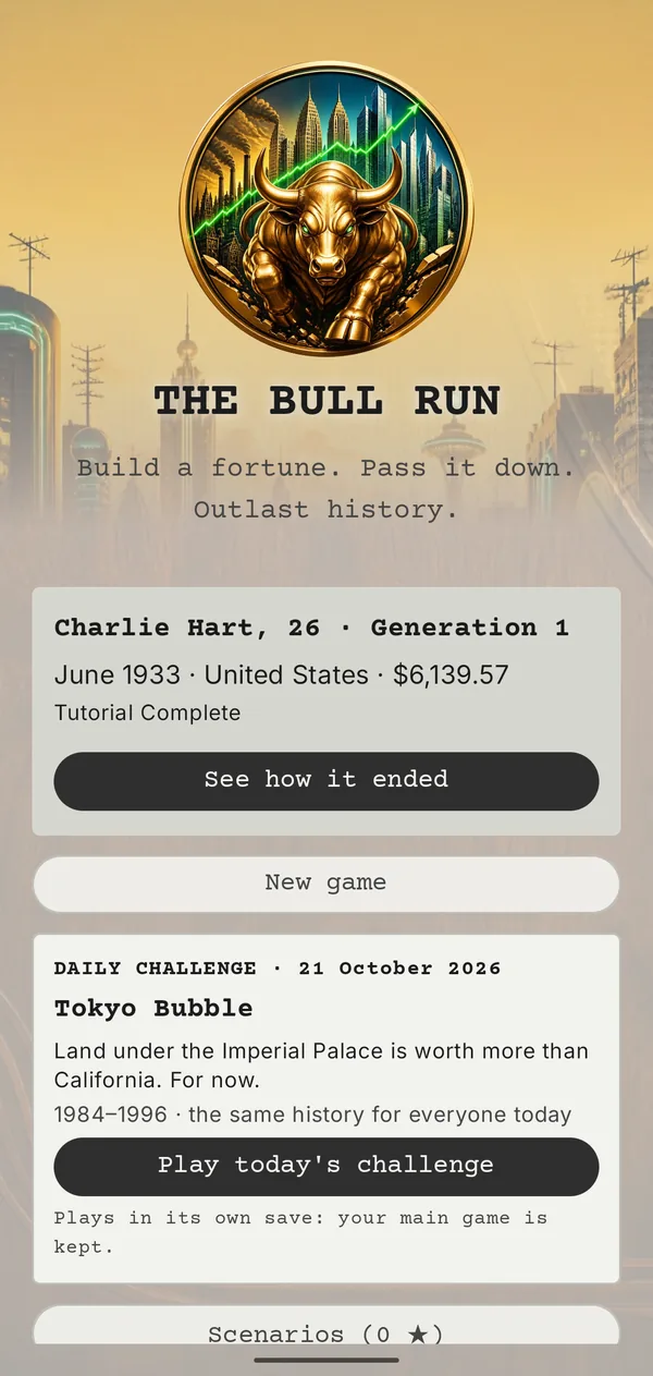 The Bull Run's title screen: the golden bull over a city skyline, a saved dynasty and today's Daily Challenge